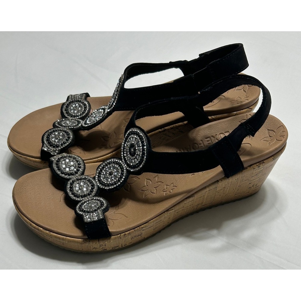 Skechers Cali Wedge Sandals Luxe Foam Rhinestone Black Womens 7 Dressy
